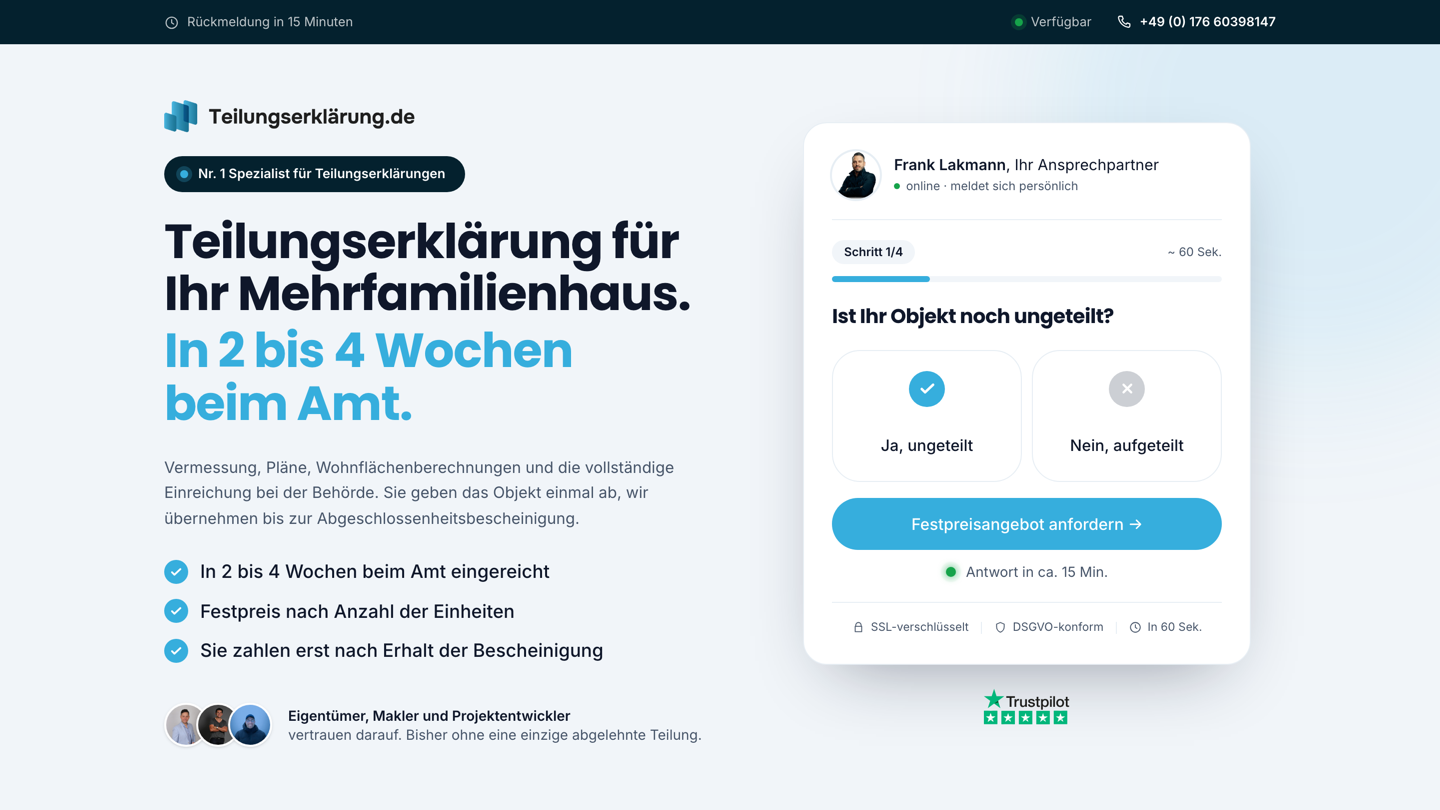 Landingpage go.teilungserklaerung.de, gebaut von Leadscape